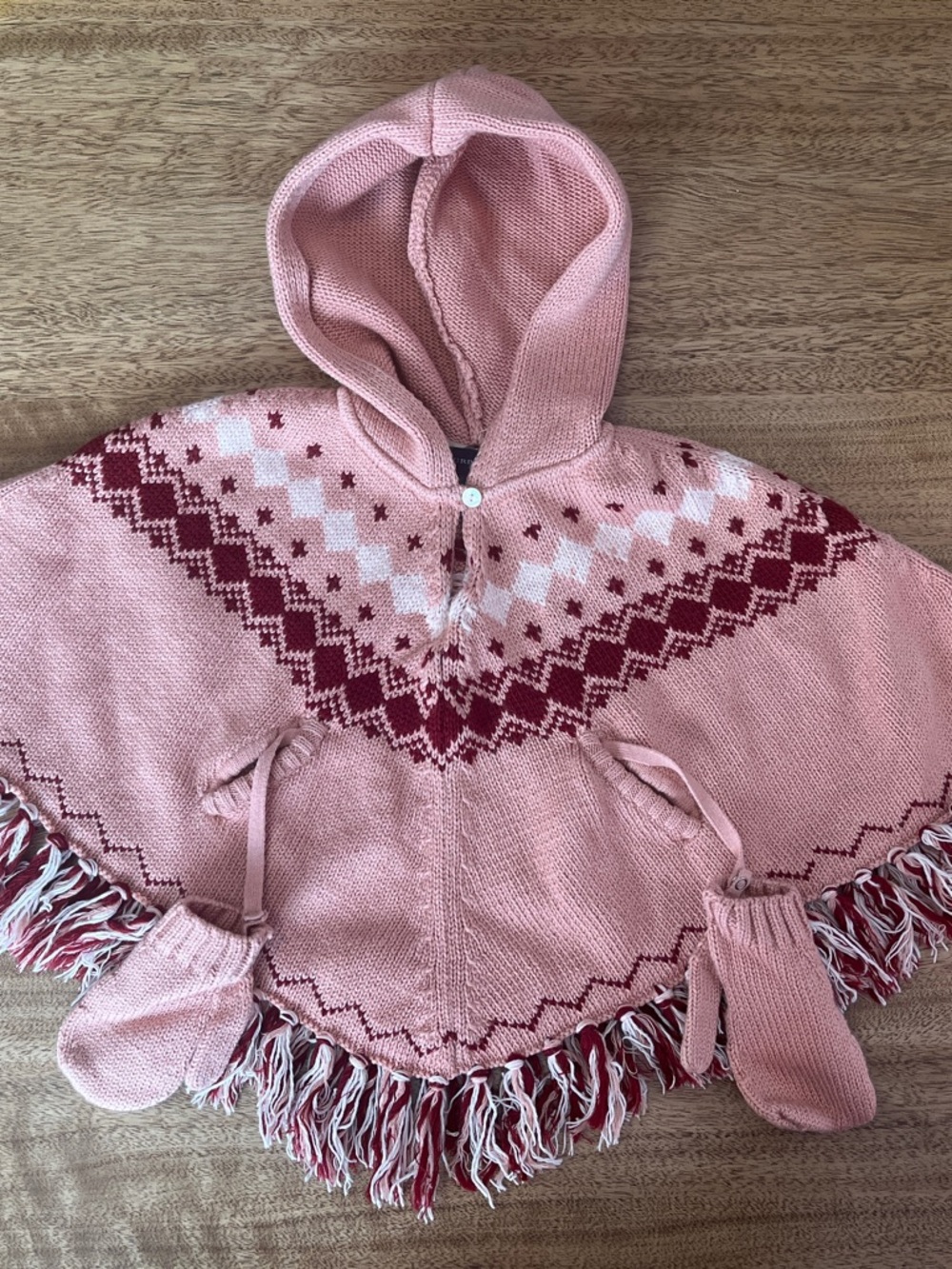 Extremely Rare Burberry Pink Hooded Knit Cape with Fair Isle Yoke and Mittens